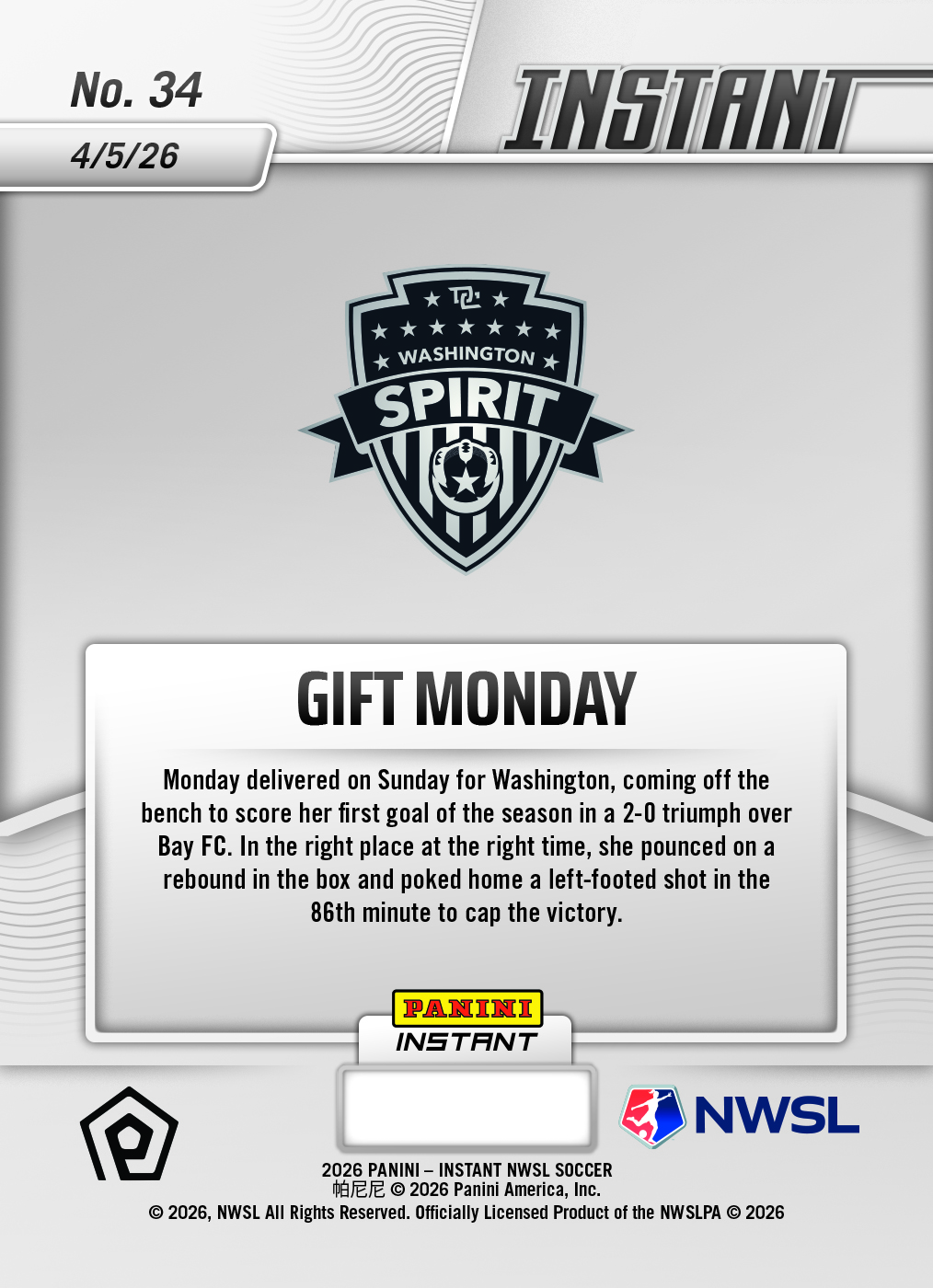 Product image 2 for - Gift Monday - 2026 Panini Instant NWSL #34 - Metallic /5