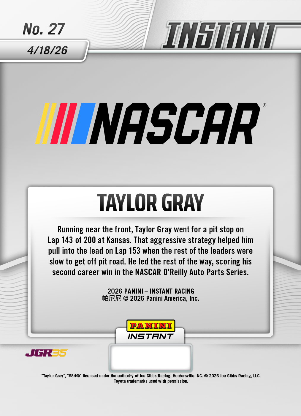 Product image 2 for - Taylor Gray - 2026 Panini Instant NASCAR #27 - Metallic /5