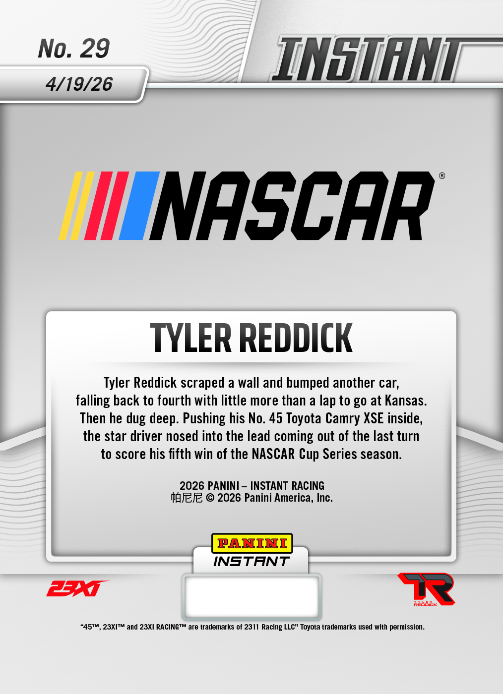 Product image 2 for - Tyler Reddick - 2026 Panini Instant NASCAR #29 - Metallic /5