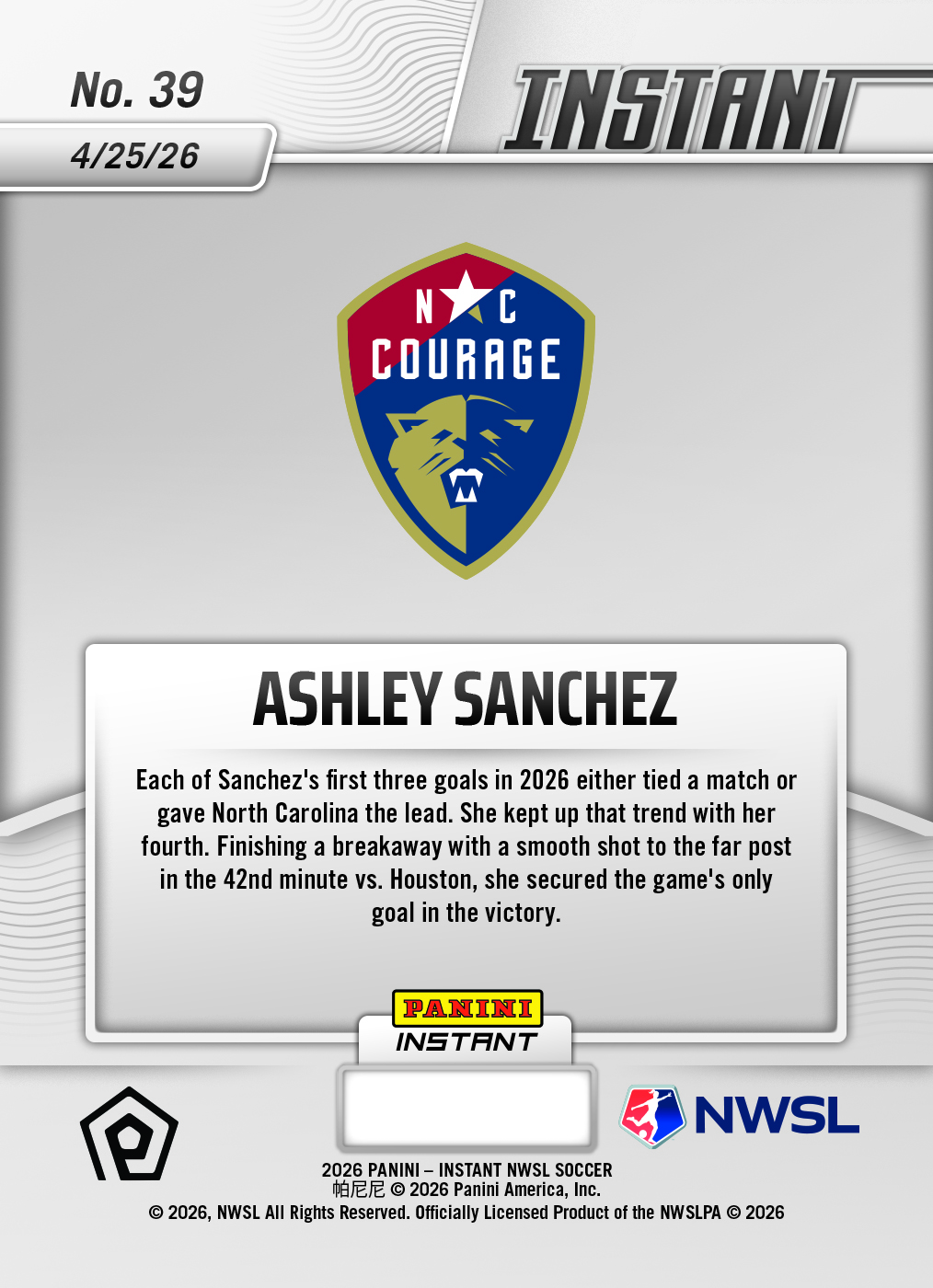 Product image 2 for - Ashley Sanchez - 2026 Panini Instant NWSL #39 - Metallic /5