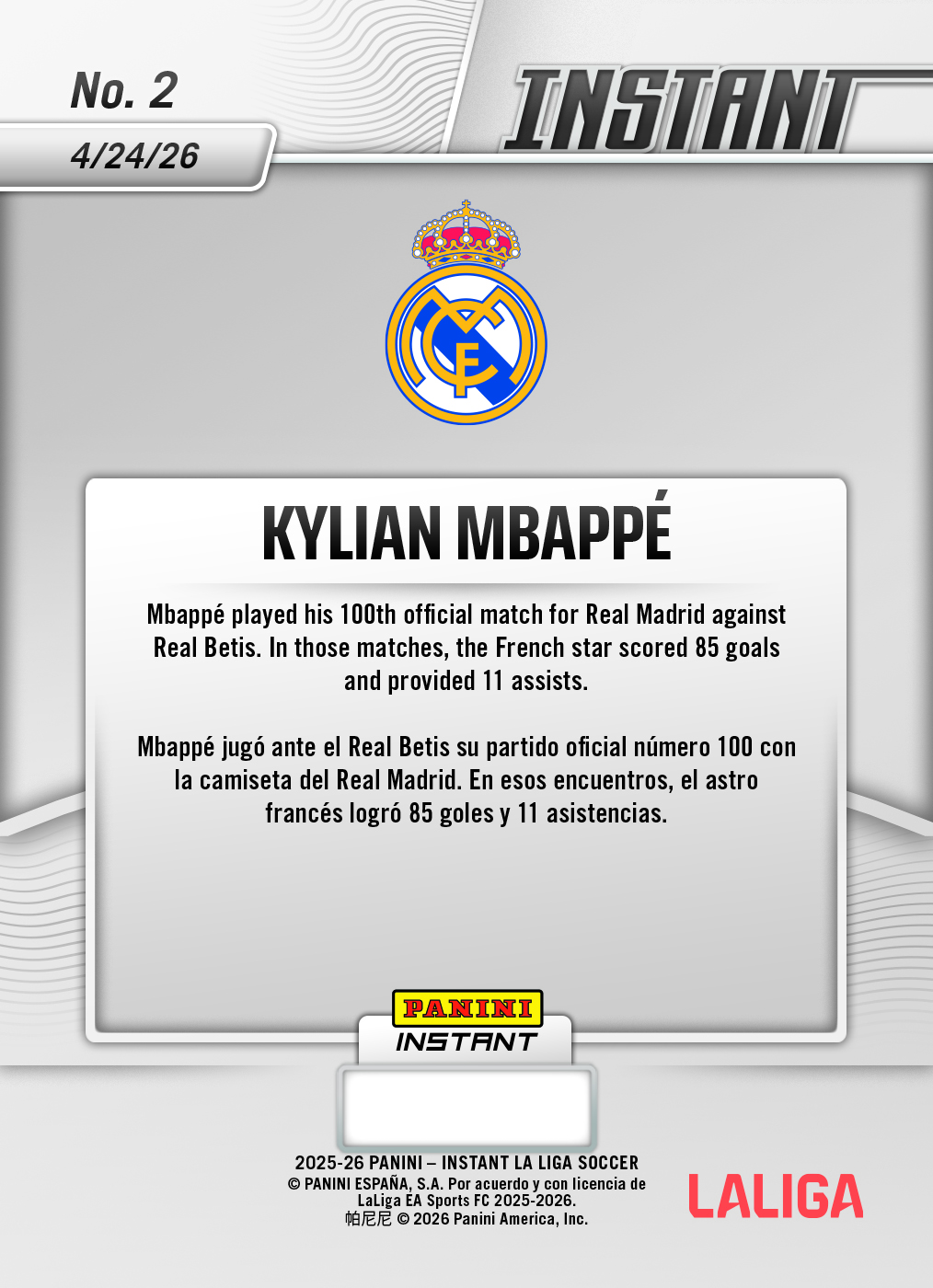 Product image 2 for - Kylian Mbappe - 2026 Panini Instant La Liga #2 - Metallic /5