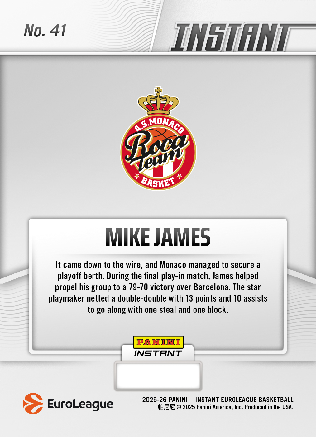 Product image 2 for - Mike James - 2025-26 Panini Instant EuroLeague #41 - Metallic /5