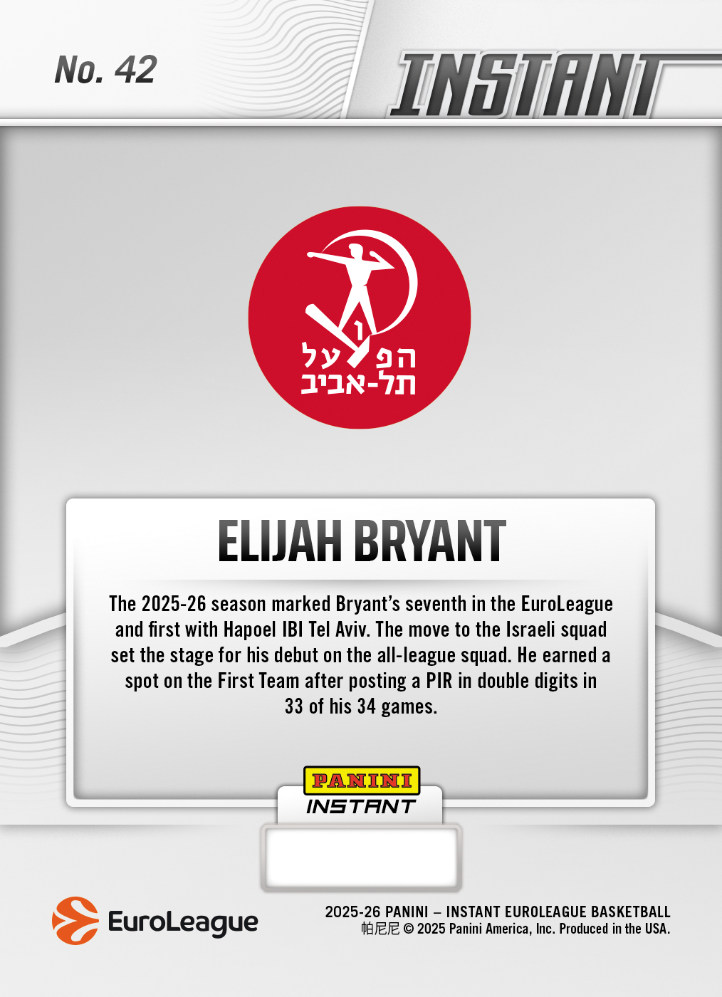 Product image 2 for - Elijah Bryant - 2025-26 Panini Instant EuroLeague #42 - Metallic /5