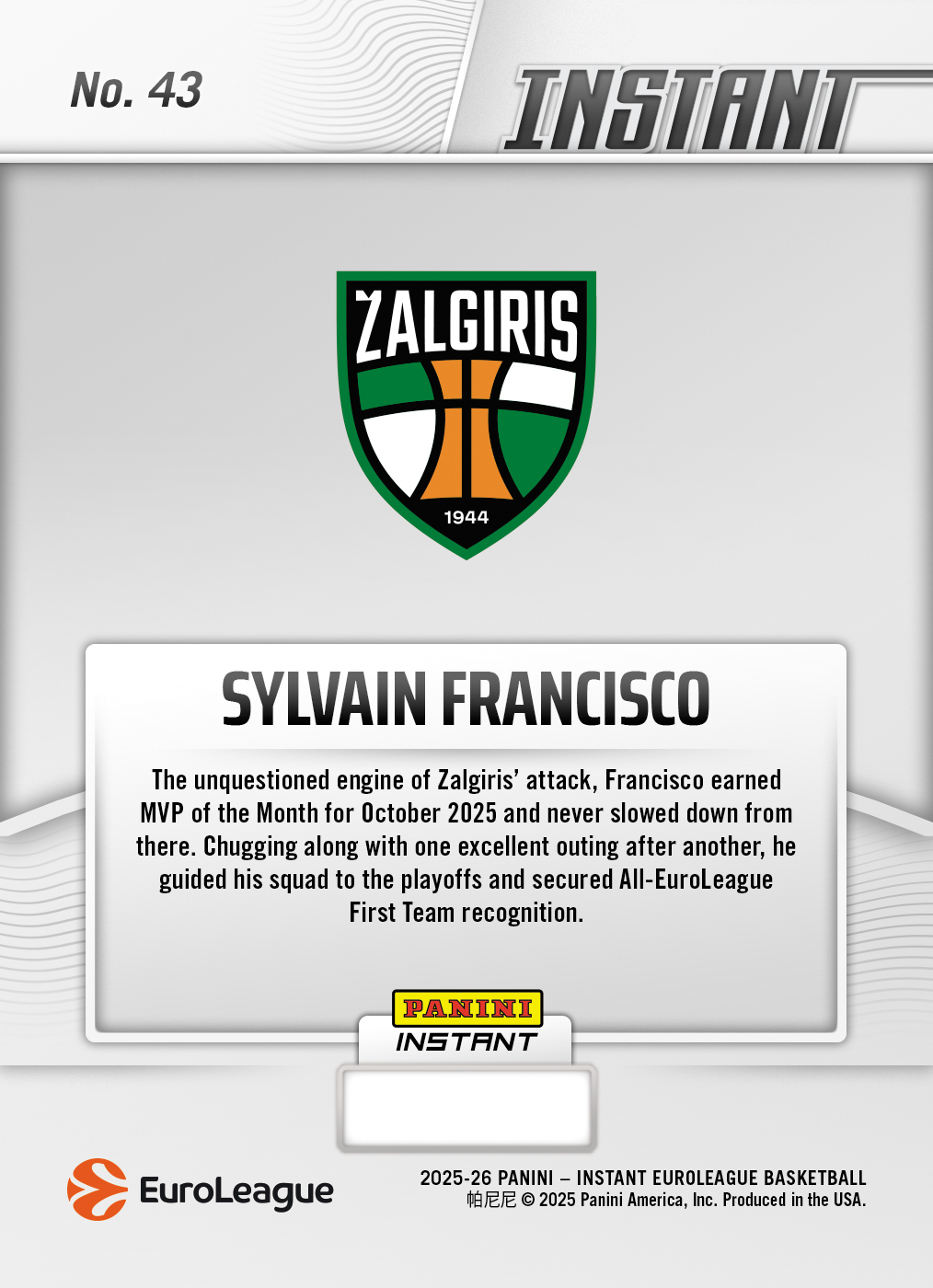 Product image 2 for - Sylvain Francisco - 2025-26 Panini Instant EuroLeague #43 - Metallic /5