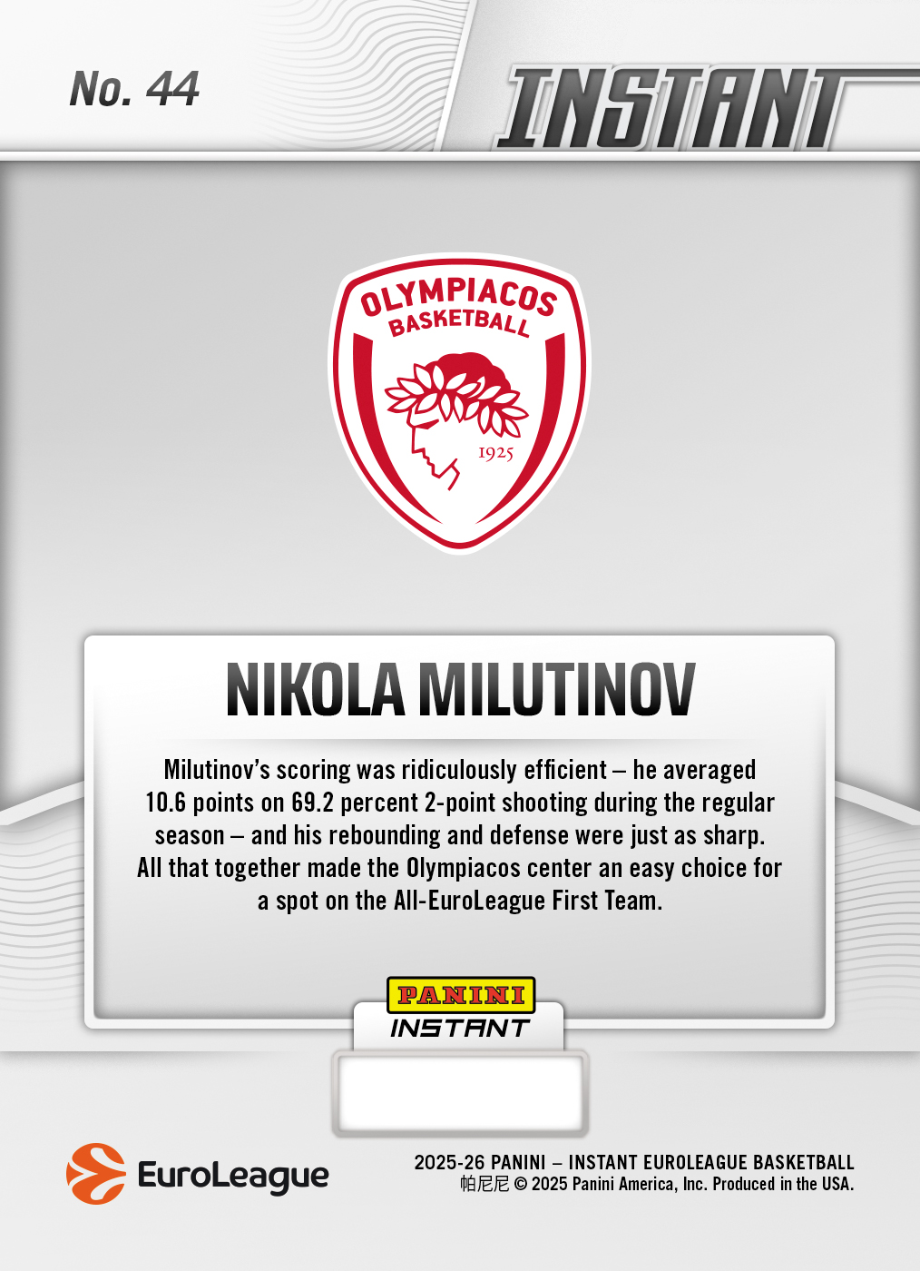 Product image 2 for - Nikola Milutinov - 2025-26 Panini Instant EuroLeague #44 - Metallic /5