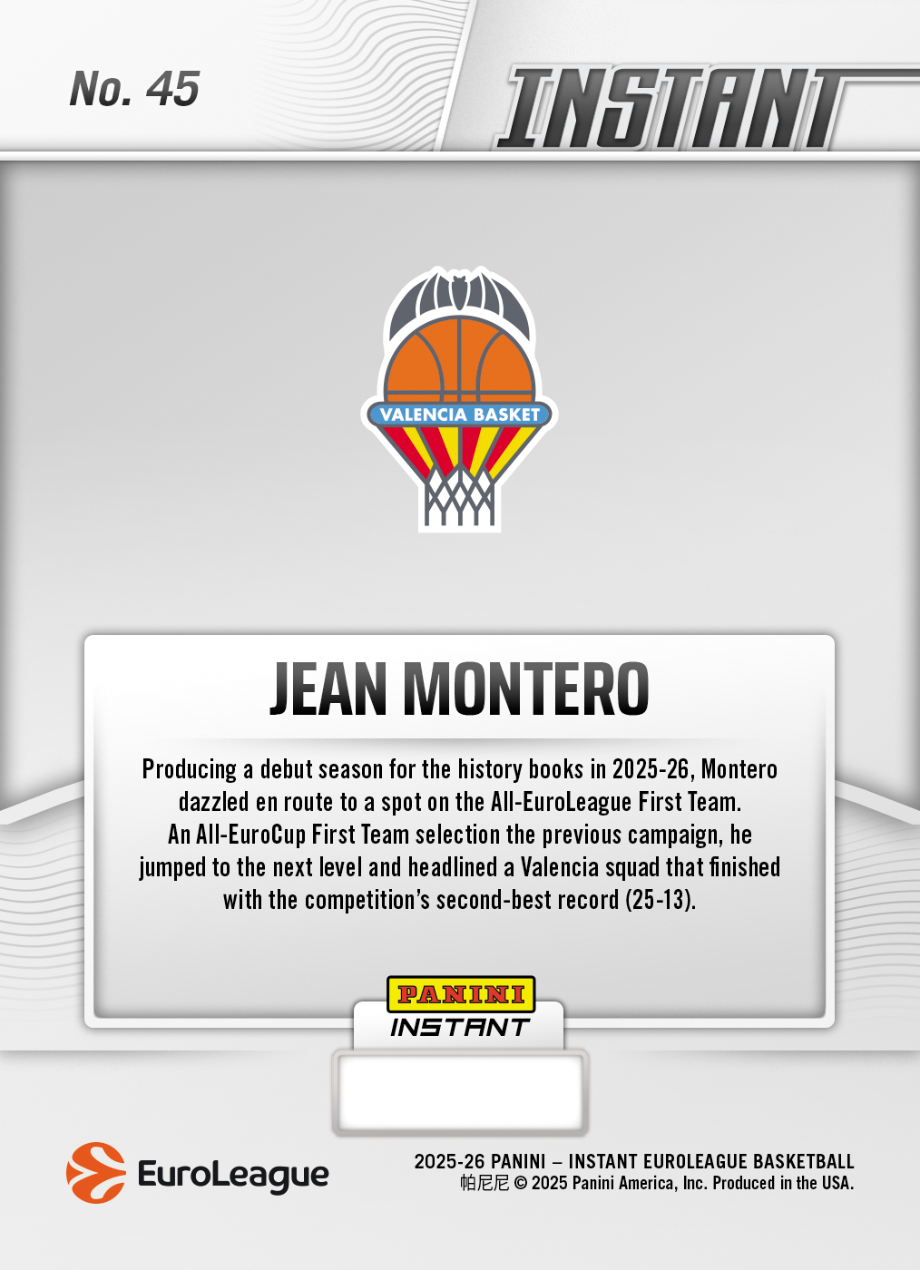Product image 2 for - Jean Montero - 2025-26 Panini Instant EuroLeague #45 - Metallic /5