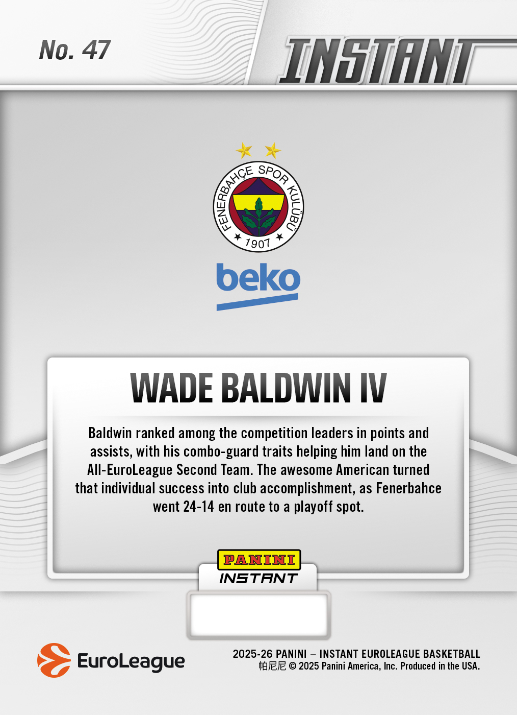 Product image 2 for - Wade Baldwin IV - 2025-26 Panini Instant EuroLeague #47 - Metallic /5