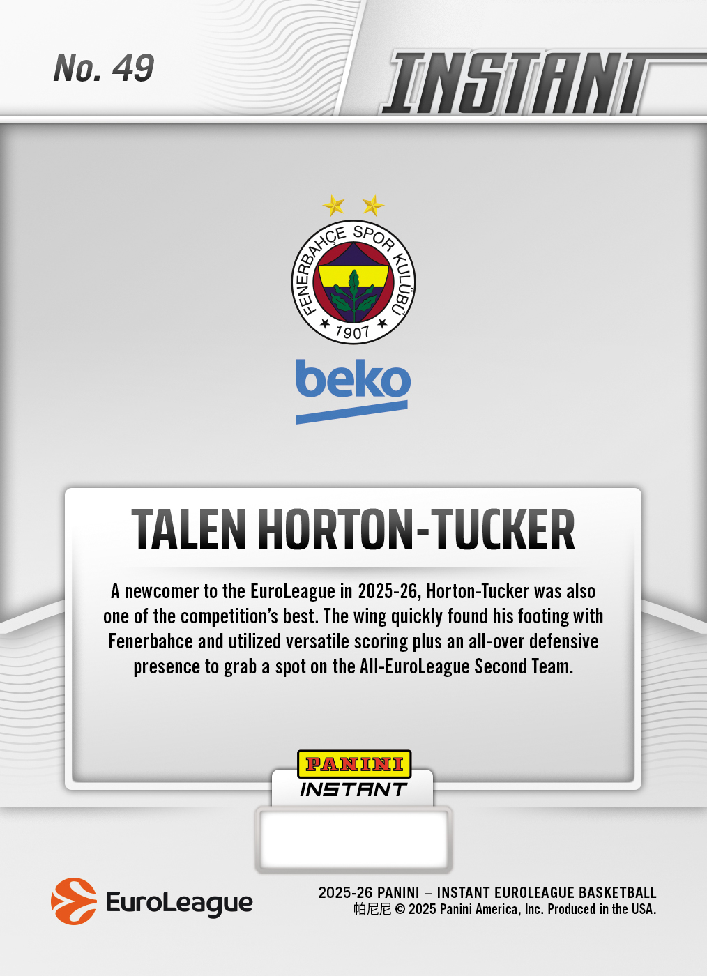 Product image 2 for - Talen Horton-Tucker - 2025-26 Panini Instant EuroLeague #49 - Metallic /5