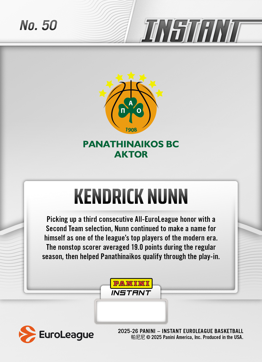 Product image 2 for - Kendrick Nunn - 2025-26 Panini Instant EuroLeague #50 - Metallic /5