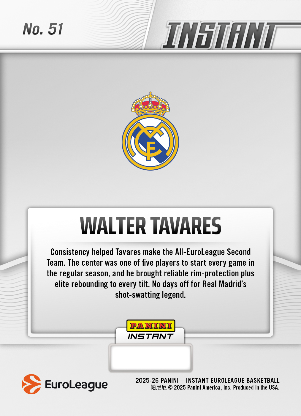 Product image 2 for - Walter Tavares - 2025-26 Panini Instant EuroLeague #51 - Metallic /5