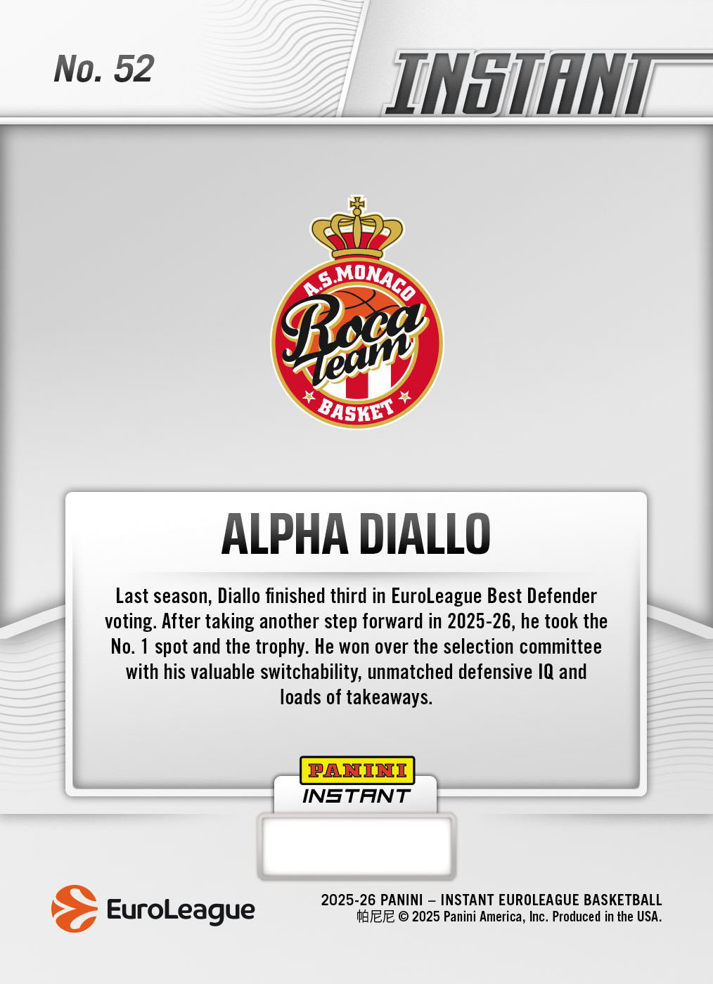 Product image 2 for - Alpha Diallo - 2025-26 Panini Instant EuroLeague #52 - Metallic /5