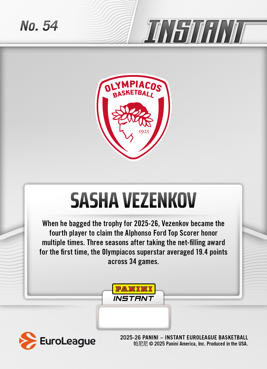 Product image 2 for - Sasha Vezenkov - 2025-26 Panini Instant EuroLeague #54 - Metallic /5