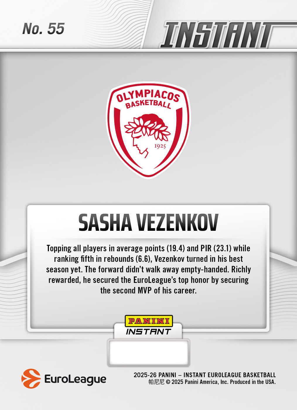 Product image 2 for - Sasha Vezenkov - 2025-26 Panini Instant EuroLeague #55 - Metallic /5