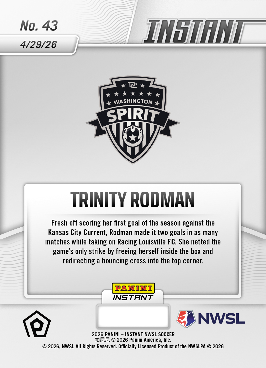 Product image 2 for - Trinity Rodman - 2026 Panini Instant NWSL #43 - Metallic /5