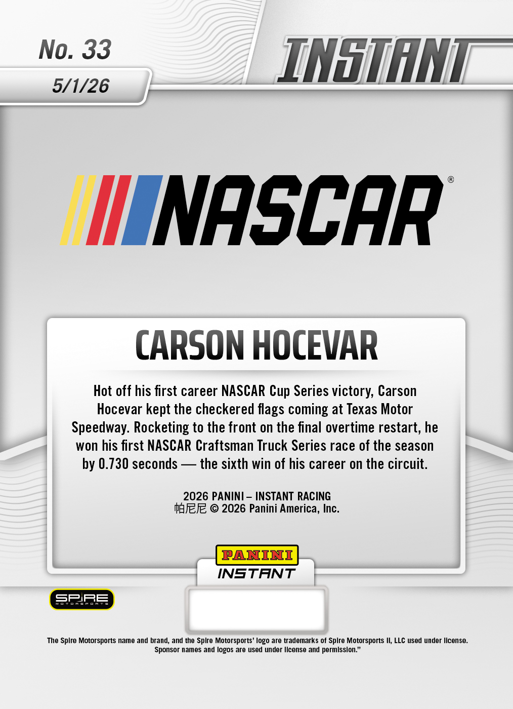 Product image 2 for - Carson Hocevar - 2026 Panini Instant NASCAR #33 - Metallic /5