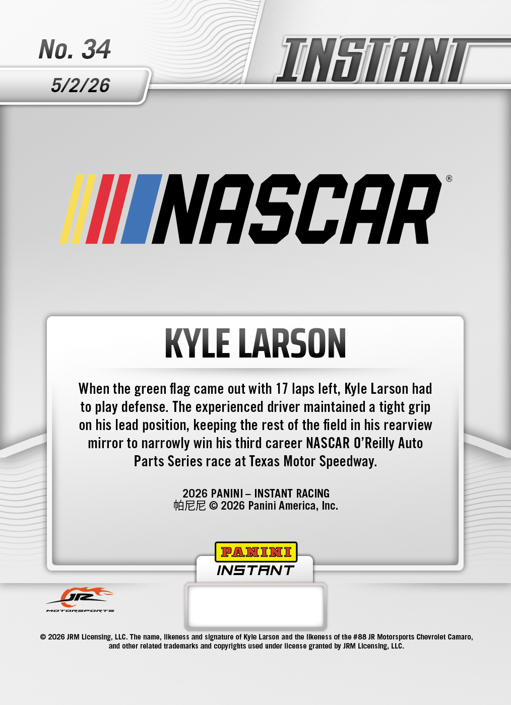 Product image 2 for - Kyle Larson  - 2026 Panini Instant NASCAR #34 - Metallic /5