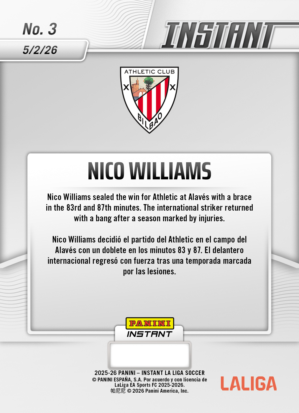 Product image 2 for - Nico Williams - 2026 Panini Instant La Liga #3 - Metallic /5