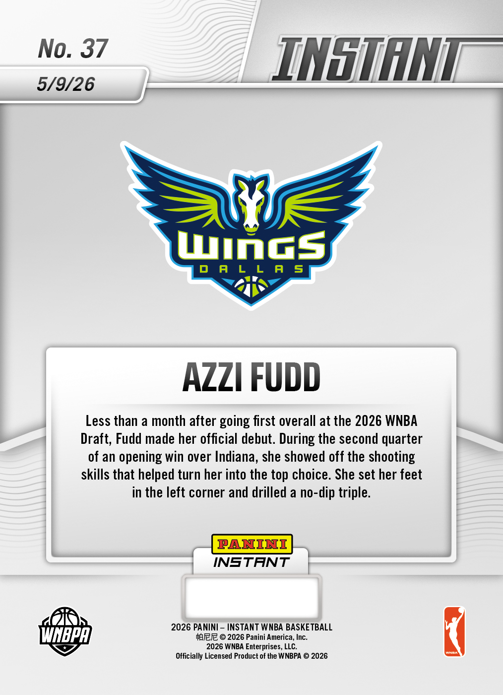 Product image 2 for - Azzi Fudd - 2026 Panini Instant WNBA #37 - 30th Anniversary /30