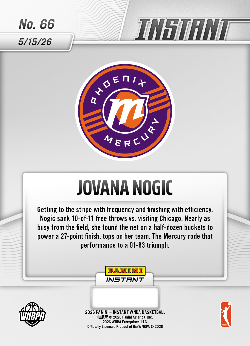 Product image 2 for - Jovana Nogic - 2026 Panini Instant WNBA #66 - Base