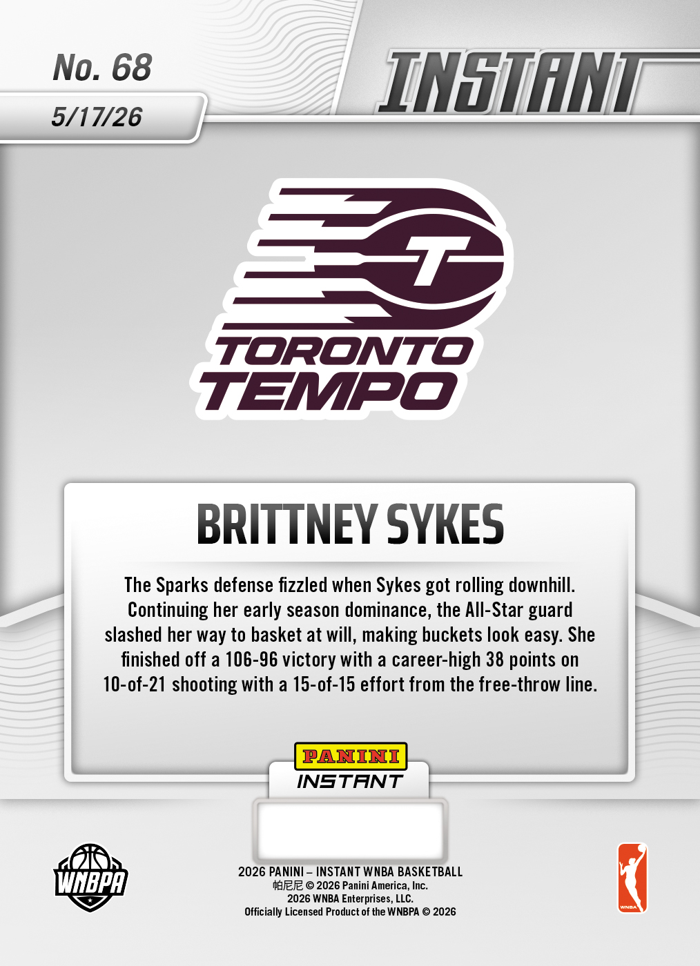 Product image 2 for - Brittney Sykes - 2026 Panini Instant WNBA #68 - Base