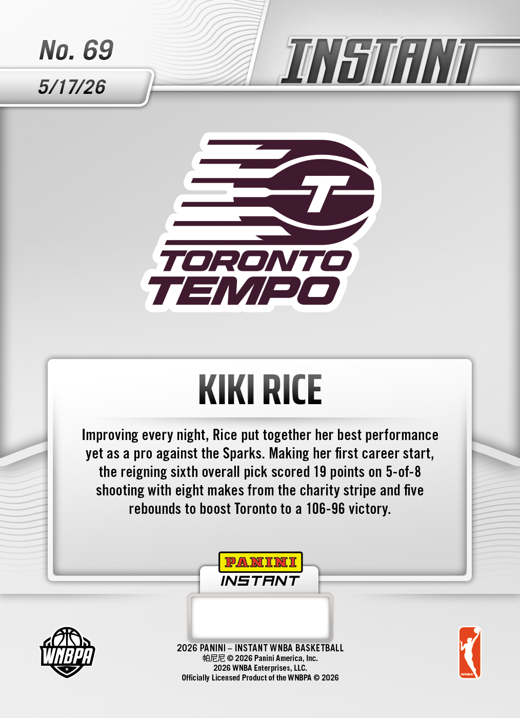 Product image 2 for - Kiki Rice - 2026 Panini Instant WNBA #69 - Base