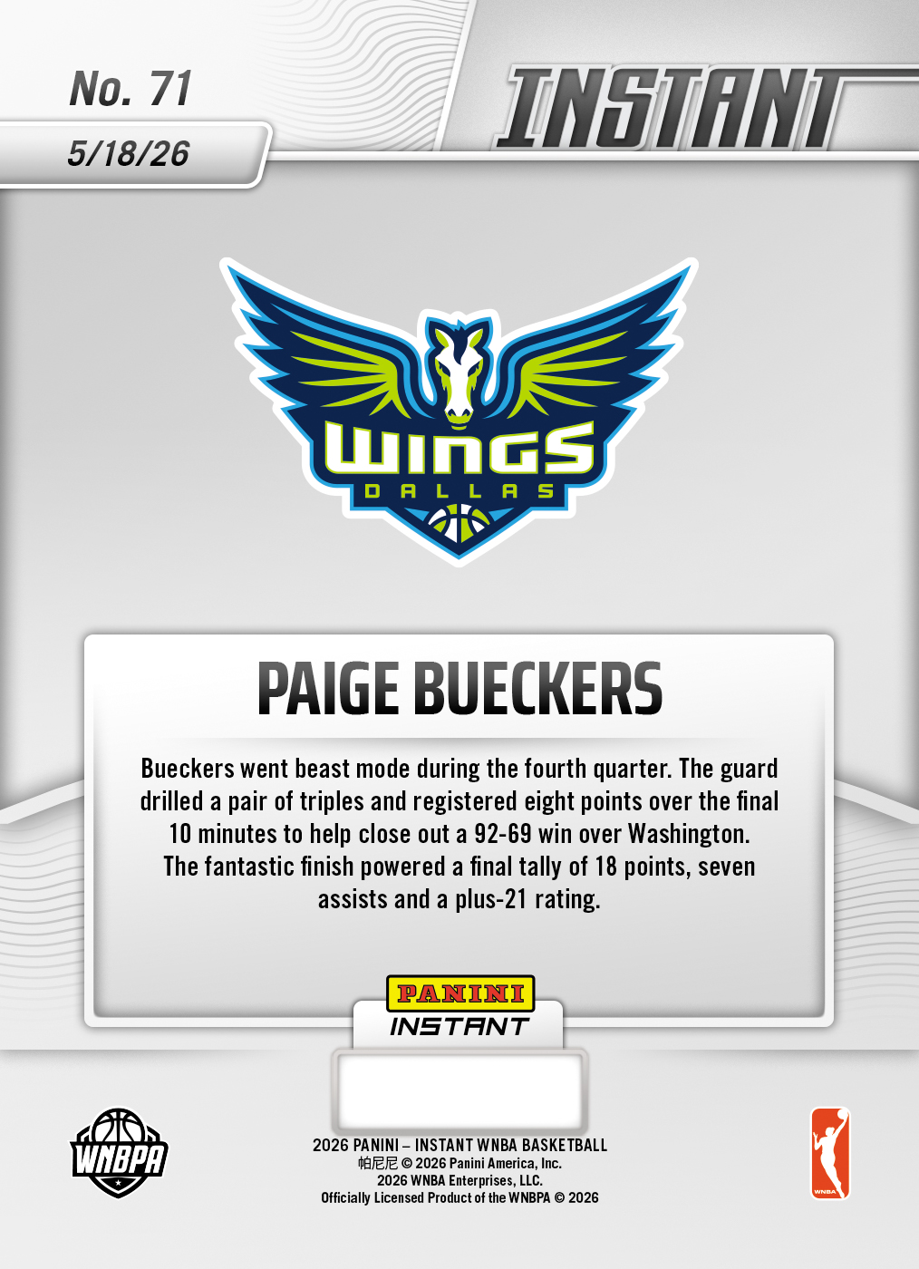 Product image 2 for - Paige Bueckers - 2026 Panini Instant WNBA #71 - Base