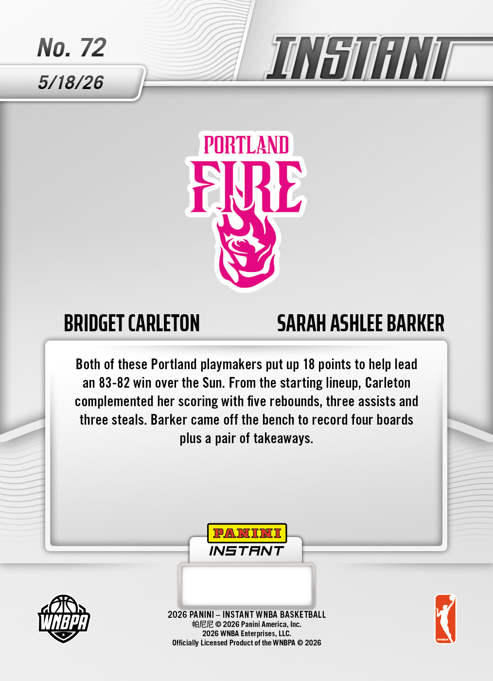 Product image 2 for - Bridget Carleton/Sarah Ashlee Barker - 2026 Panini Instant WNBA #72 - Base