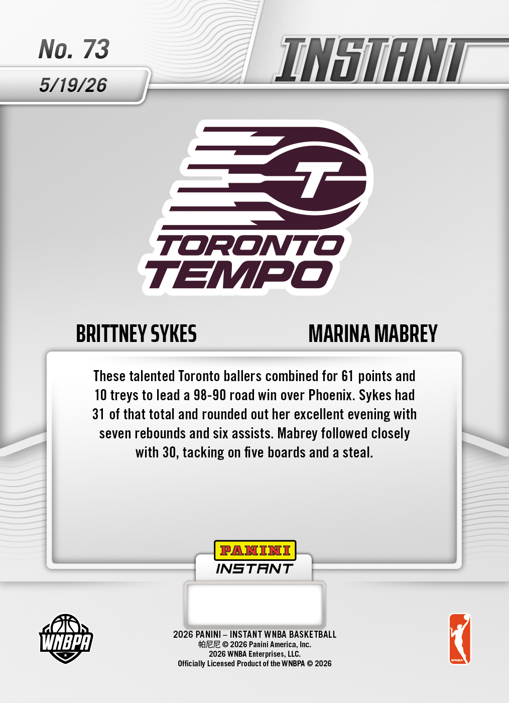 Product image 2 for - Brittney Sykes/Marina Mabrey - 2026 Panini Instant WNBA #73 - Base