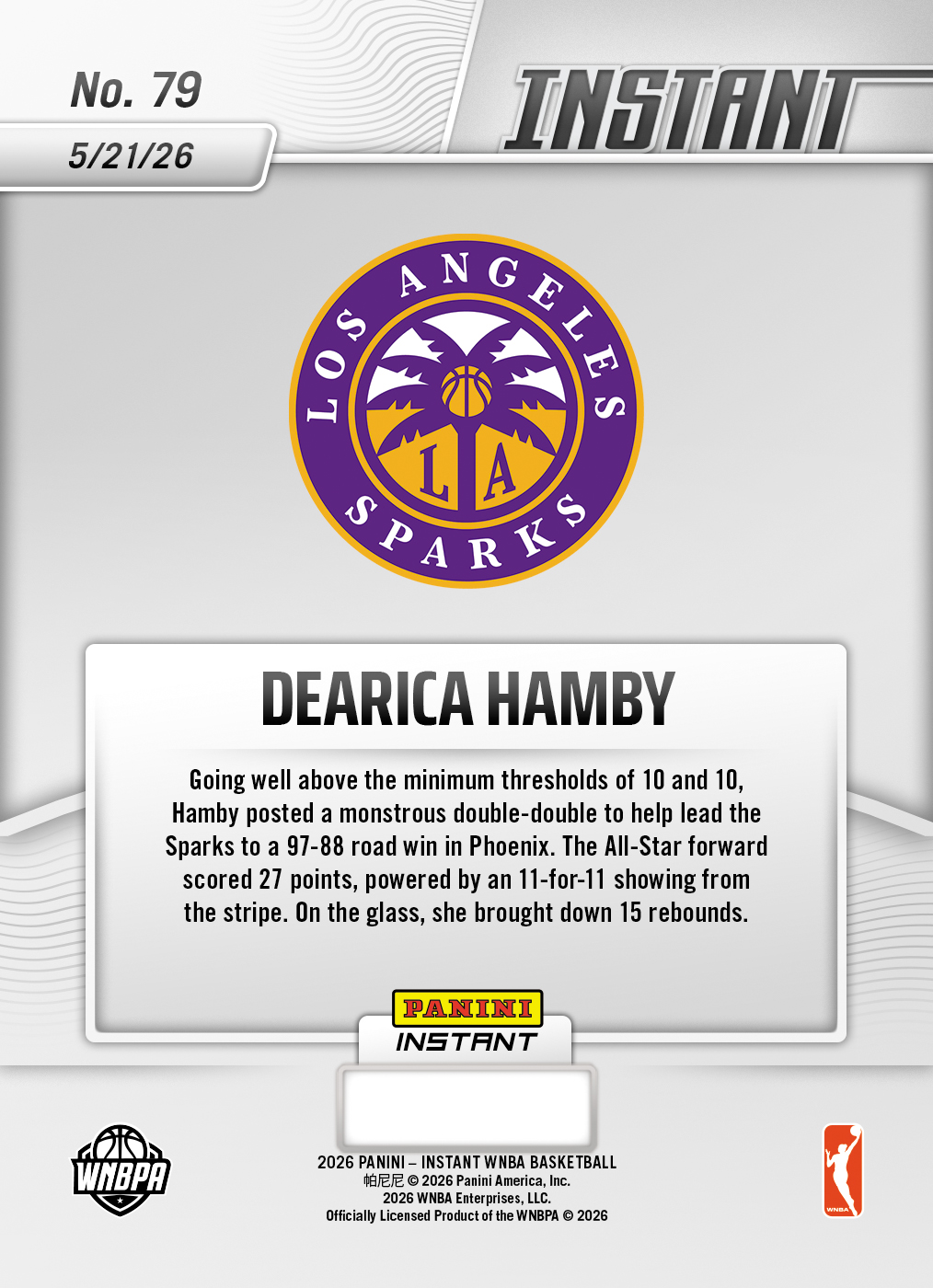 Product image 2 for - Dearica Hamby - 2026 Panini Instant WNBA #79 - Base