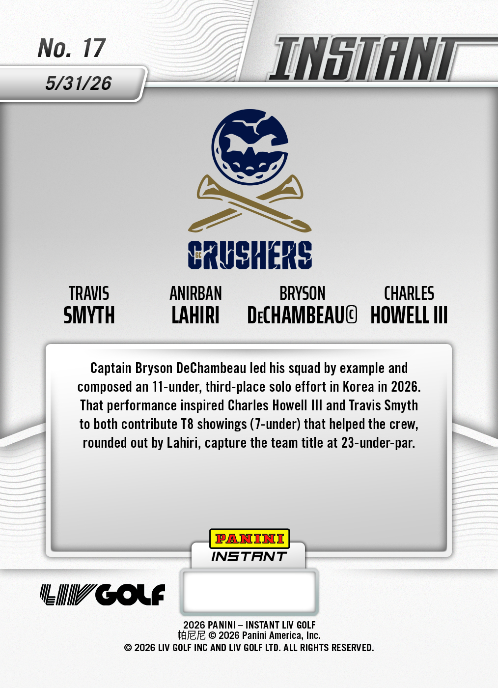 Product image 2 for - Crushers GC - 2026 Panini Instant LIV Golf #17 - Base