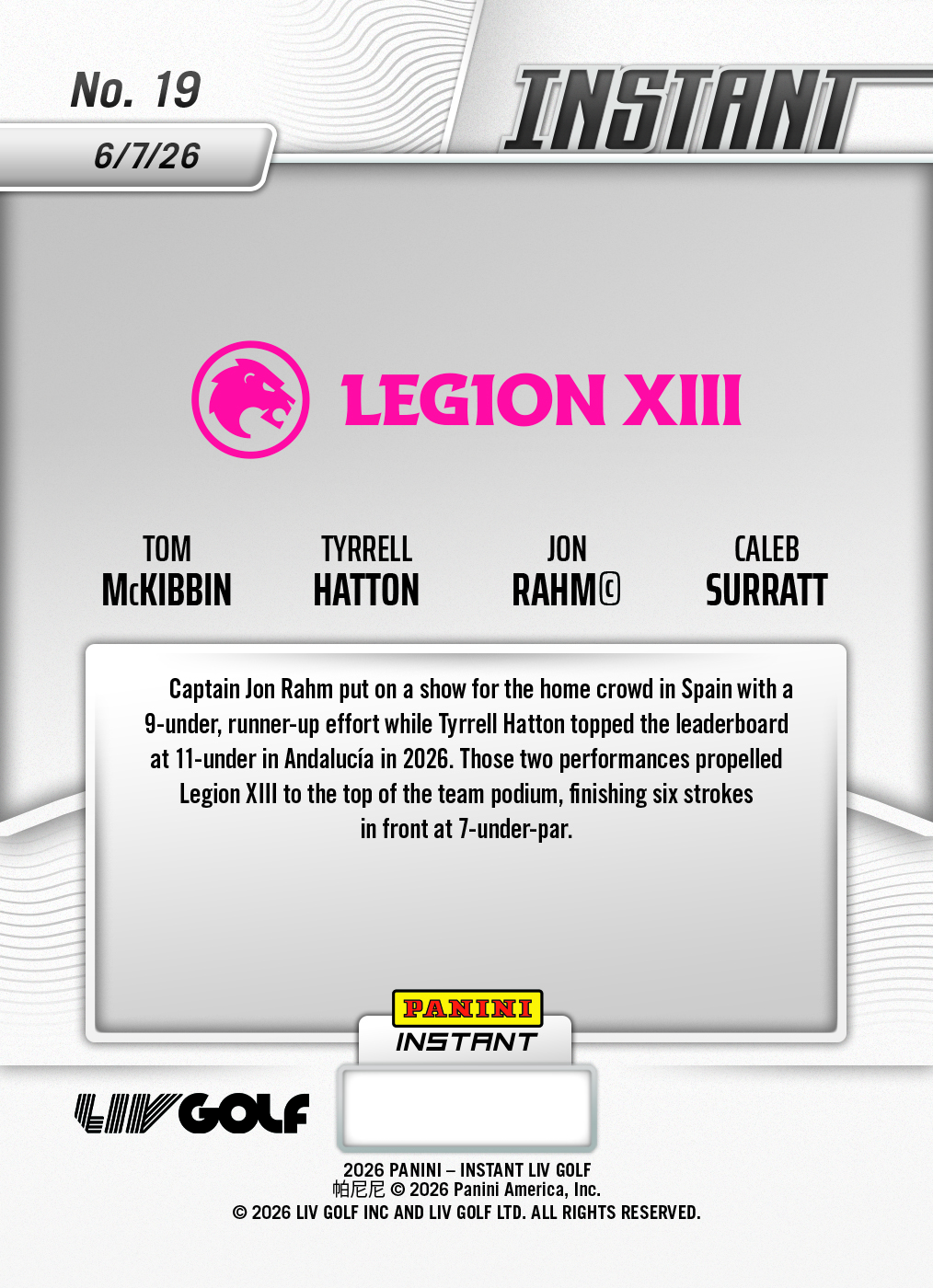 Product image 2 for - Legion XIII - 2026 Panini Instant LIV Golf #19 - Base