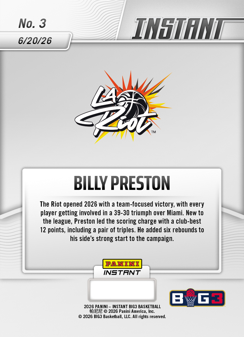Product image 2 for - Billy Preston - 2026 Panini Instant Big3 #3 - Base