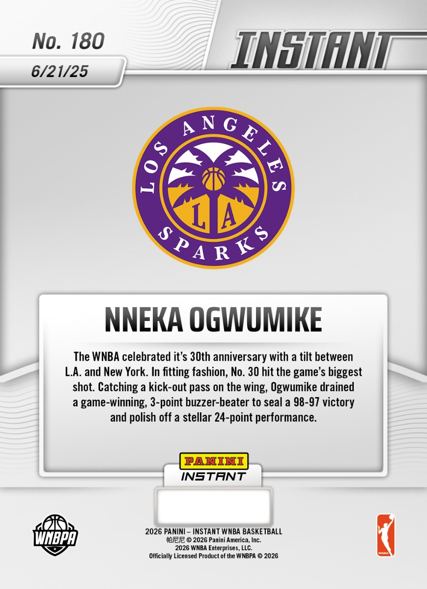 Product thumbnail image 2 of Nneka Ogwumike - 2026 Panini Instant WNBA #180 - 30th Anniversary /30