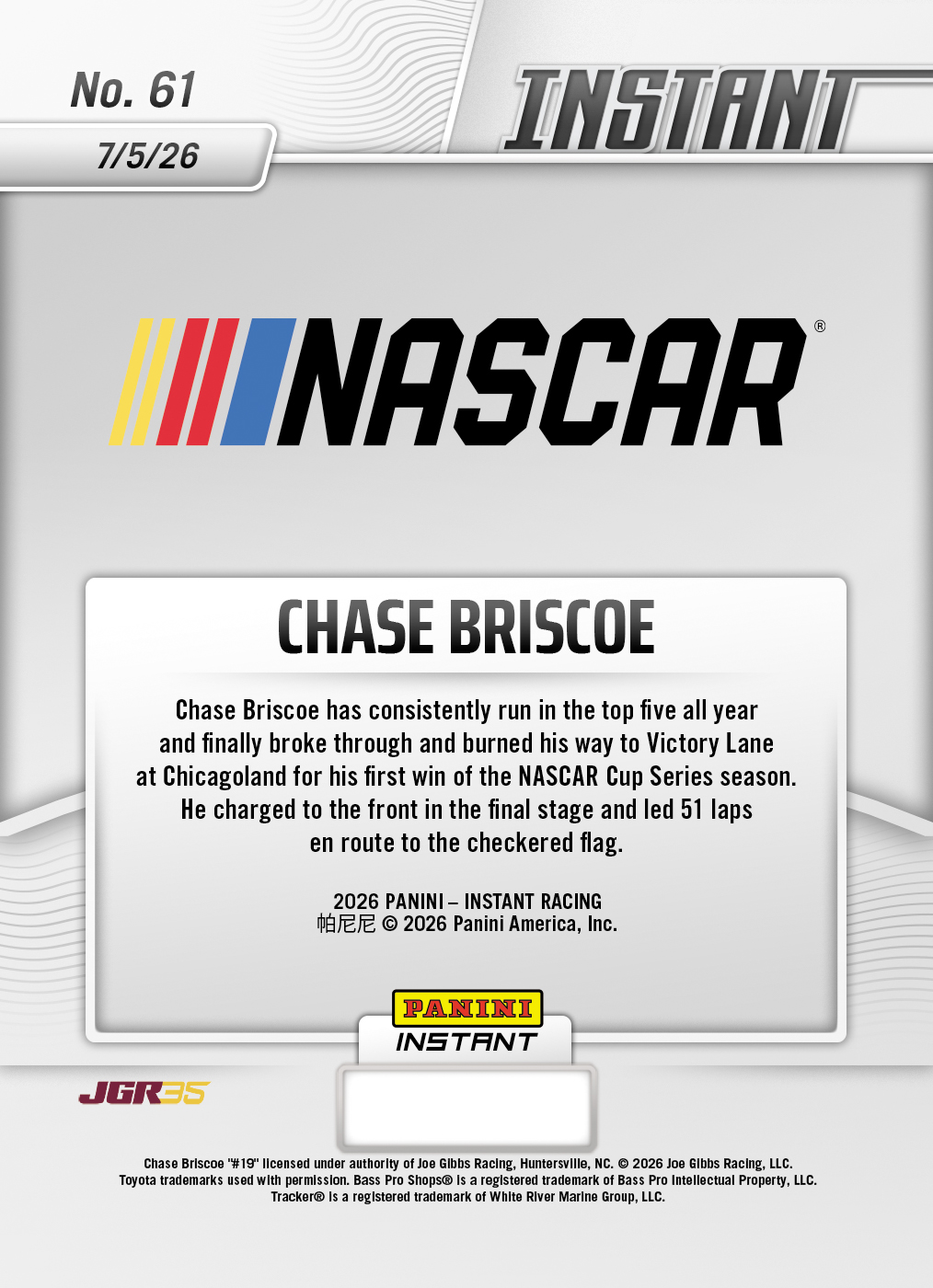 Product thumbnail image 2 of Chase Briscoe - 2026 Panini Instant NASCAR #61 - Base Card 25-pack