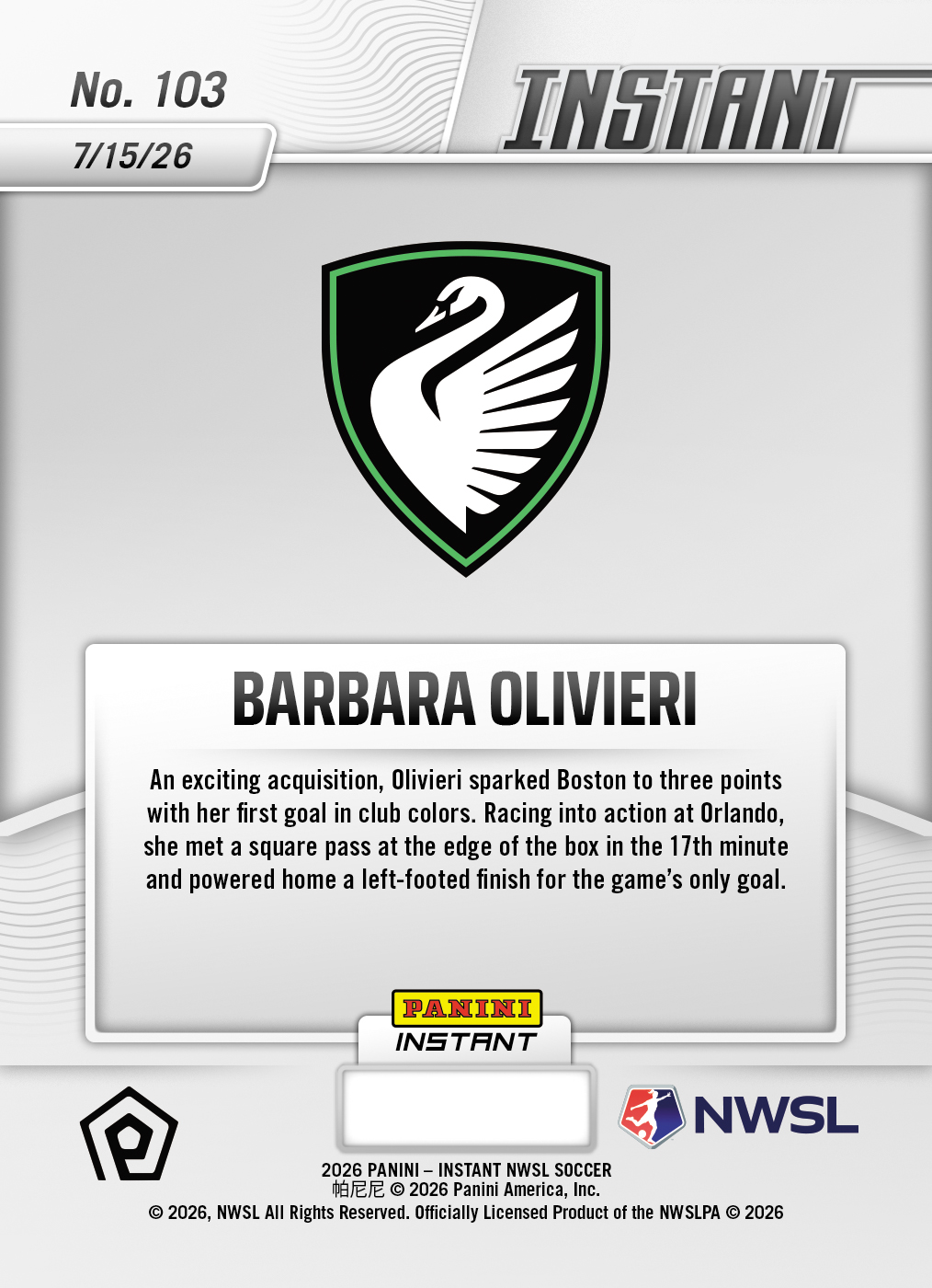 Product thumbnail image 2 of Barbara Olivieri - 2026 Panini Instant NWSL #103 - Base Card 25-pack