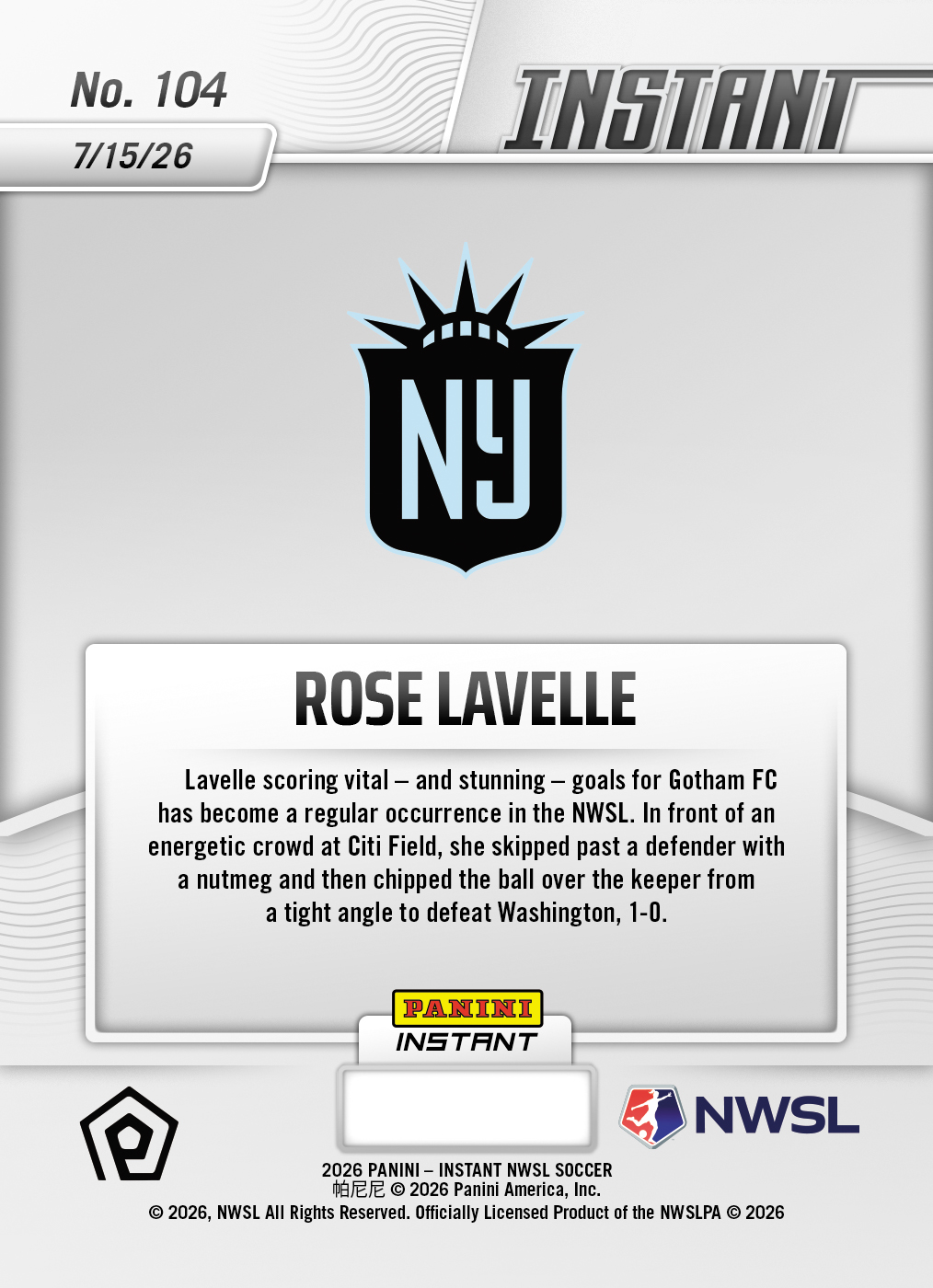 Product thumbnail image 2 of Rose Lavelle - 2026 Panini Instant NWSL #104 - Metallic /5
