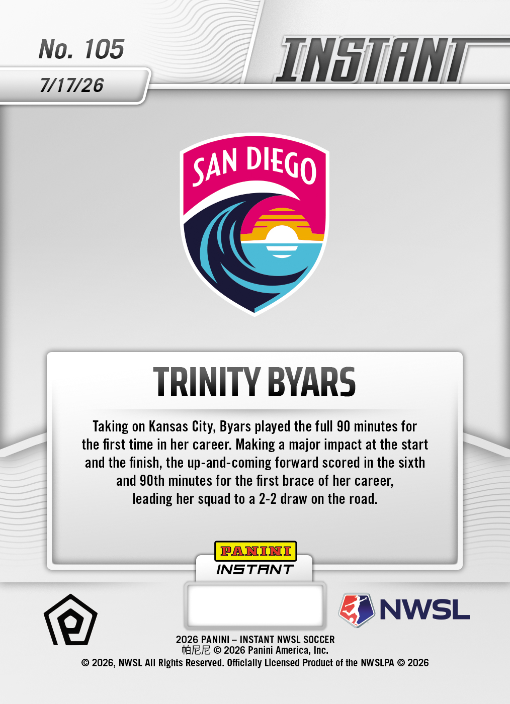 Product thumbnail image 2 of Trinity Byars - 2026 Panini Instant NWSL #105 - Base Card 10-pack