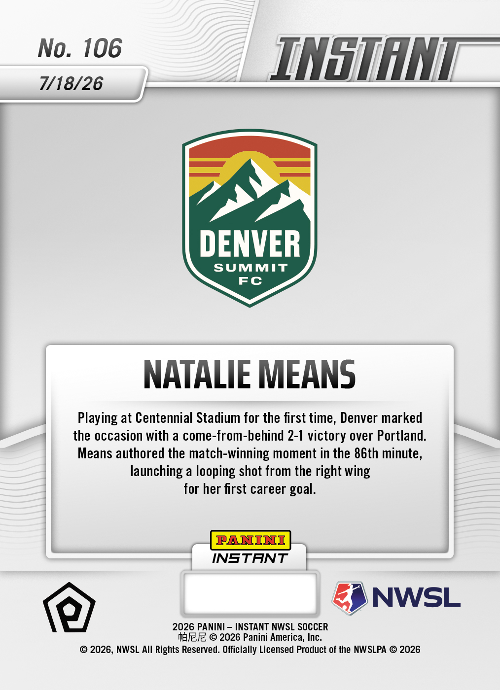 Product thumbnail image 2 of Natalie Means - 2026 Panini Instant NWSL #106 - Base Card 25-pack