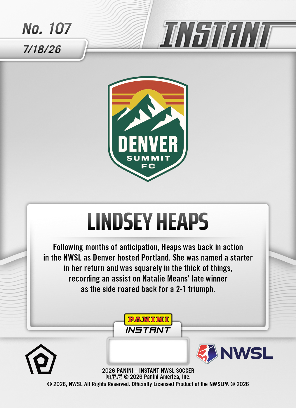 Product thumbnail image 2 of Lindsey Heaps - 2026 Panini Instant NWSL #107 - Base Card