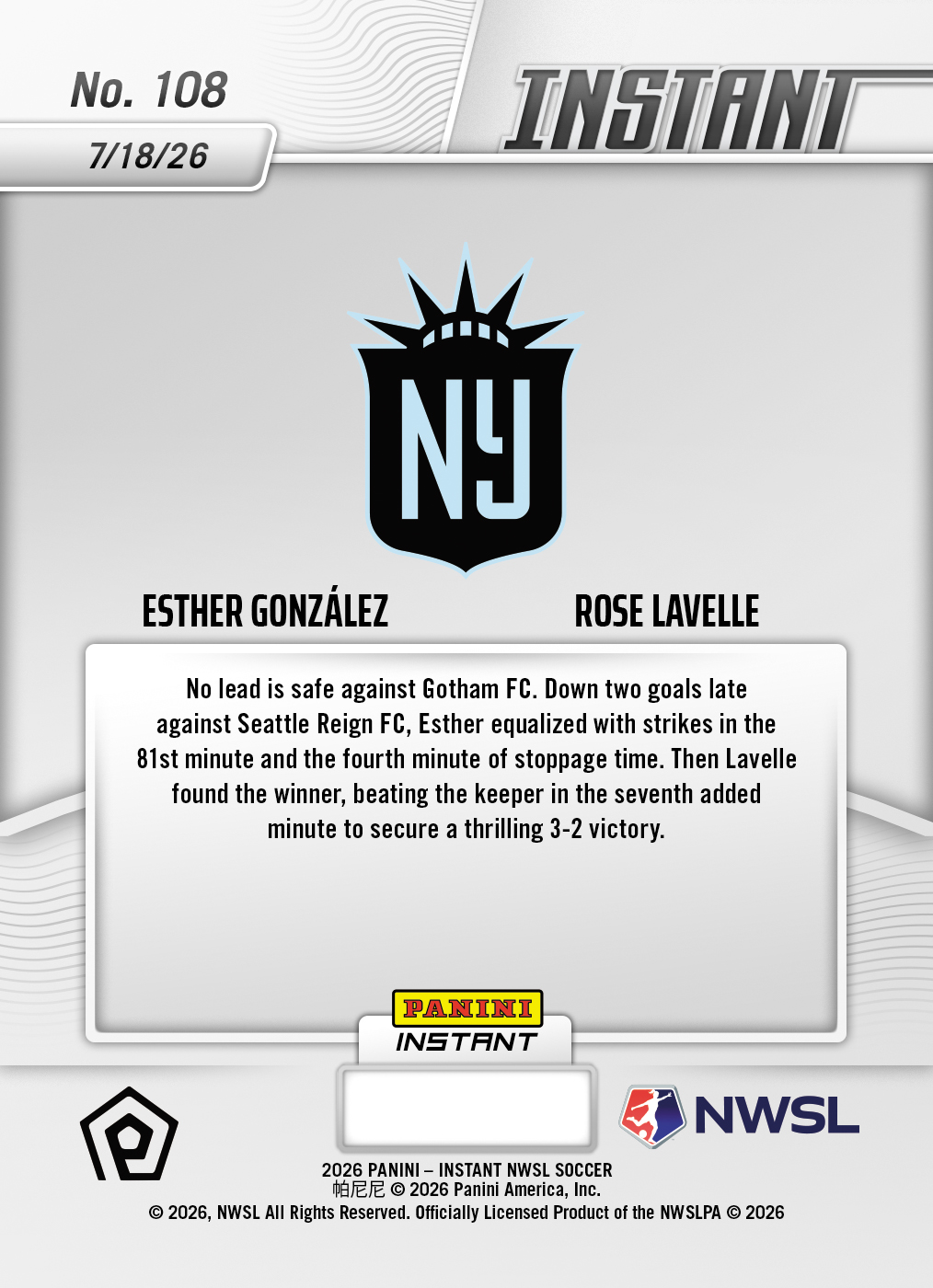 Product thumbnail image 2 of Esther Gonzalez/Rose Lavelle - 2026 Panini Instant NWSL #108 - Base Card 10-pack