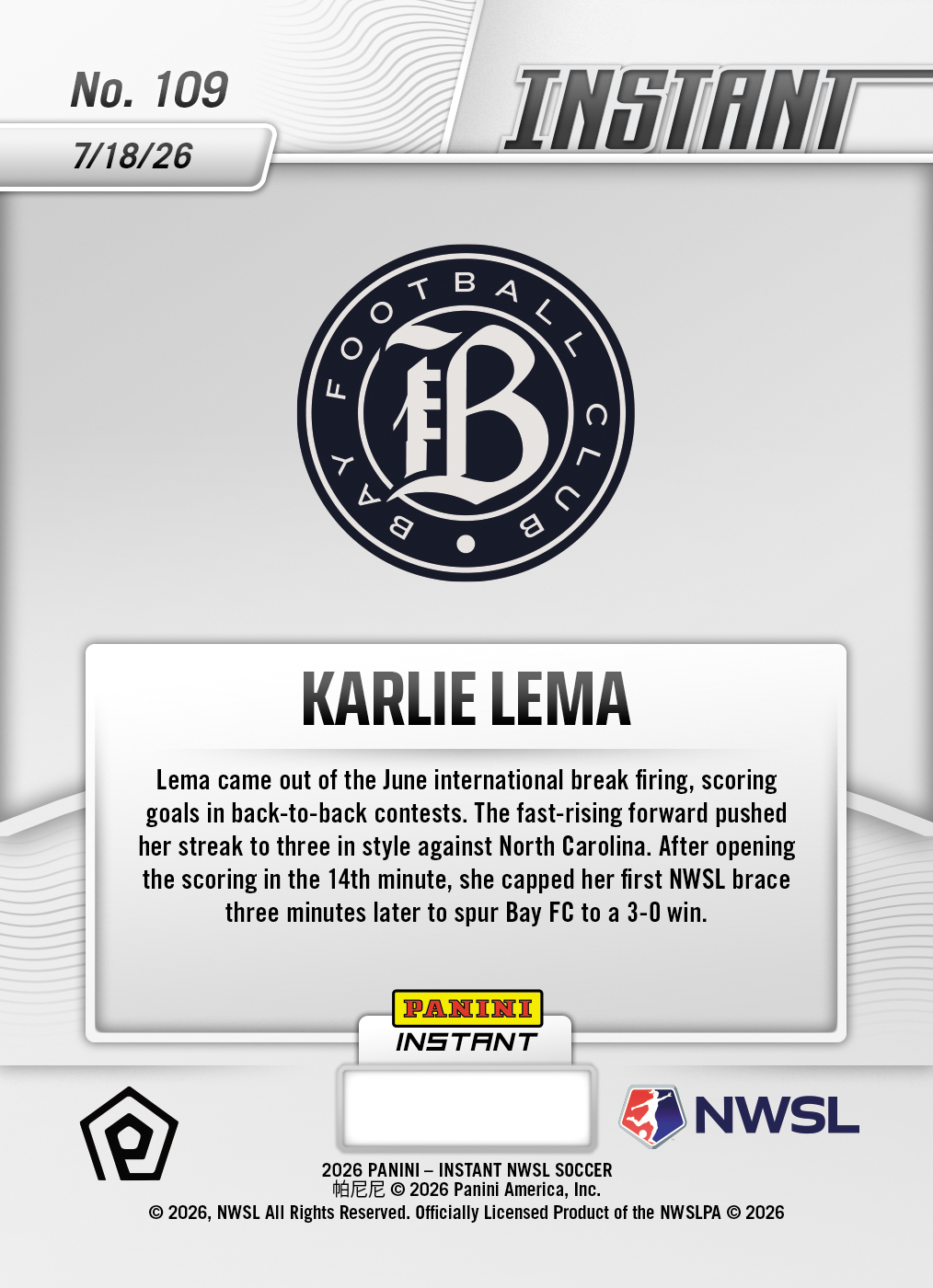 Product thumbnail image 2 of Karlie Lema - 2026 Panini Instant NWSL #109 - Base Card 25-pack