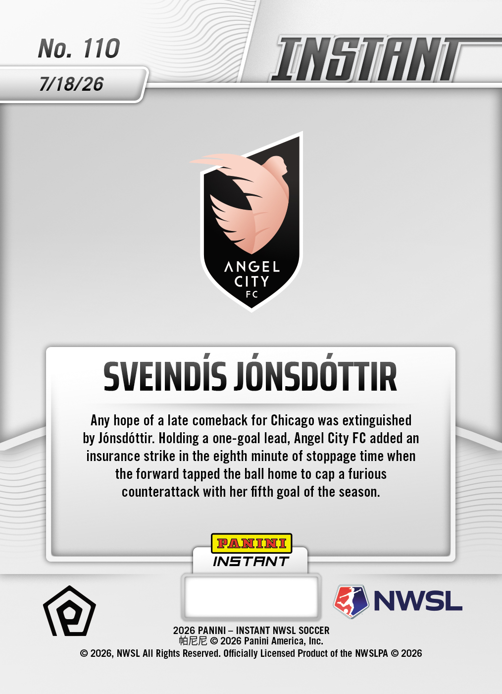 Product thumbnail image 2 of Sveindis Jonsdottir - 2026 Panini Instant NWSL #110 - Base Card 25-pack