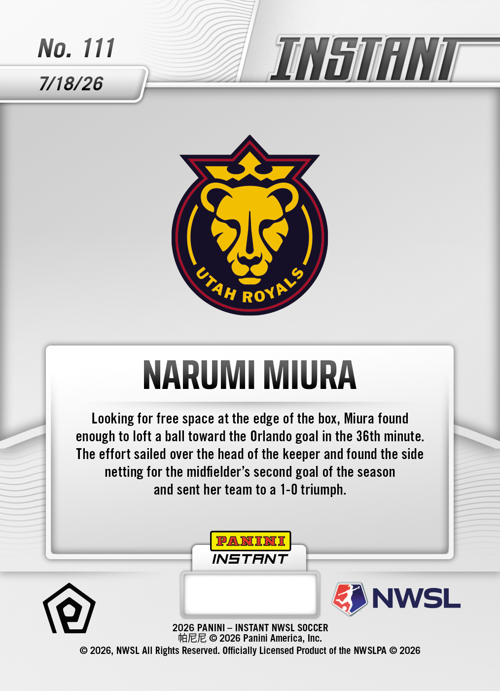 Product thumbnail image 2 of Narumi Miura - 2026 Panini Instant NWSL #111 - Base Card
