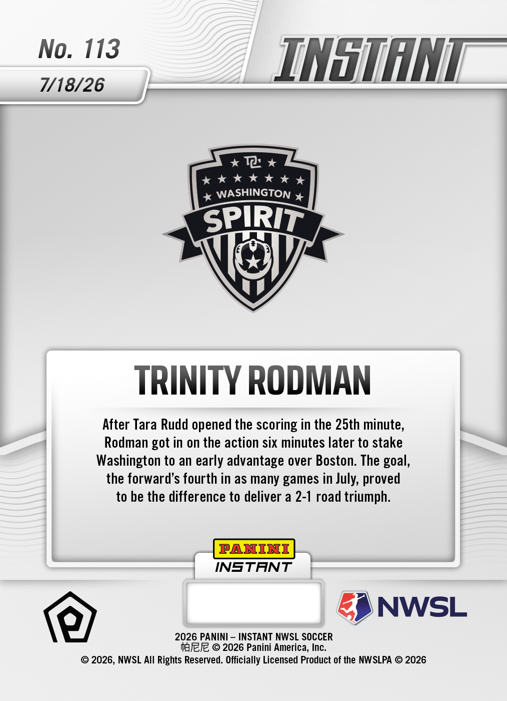 Product thumbnail image 2 of Trinity Rodman - 2026 Panini Instant NWSL #113 - Galaxy 1/1 Auto