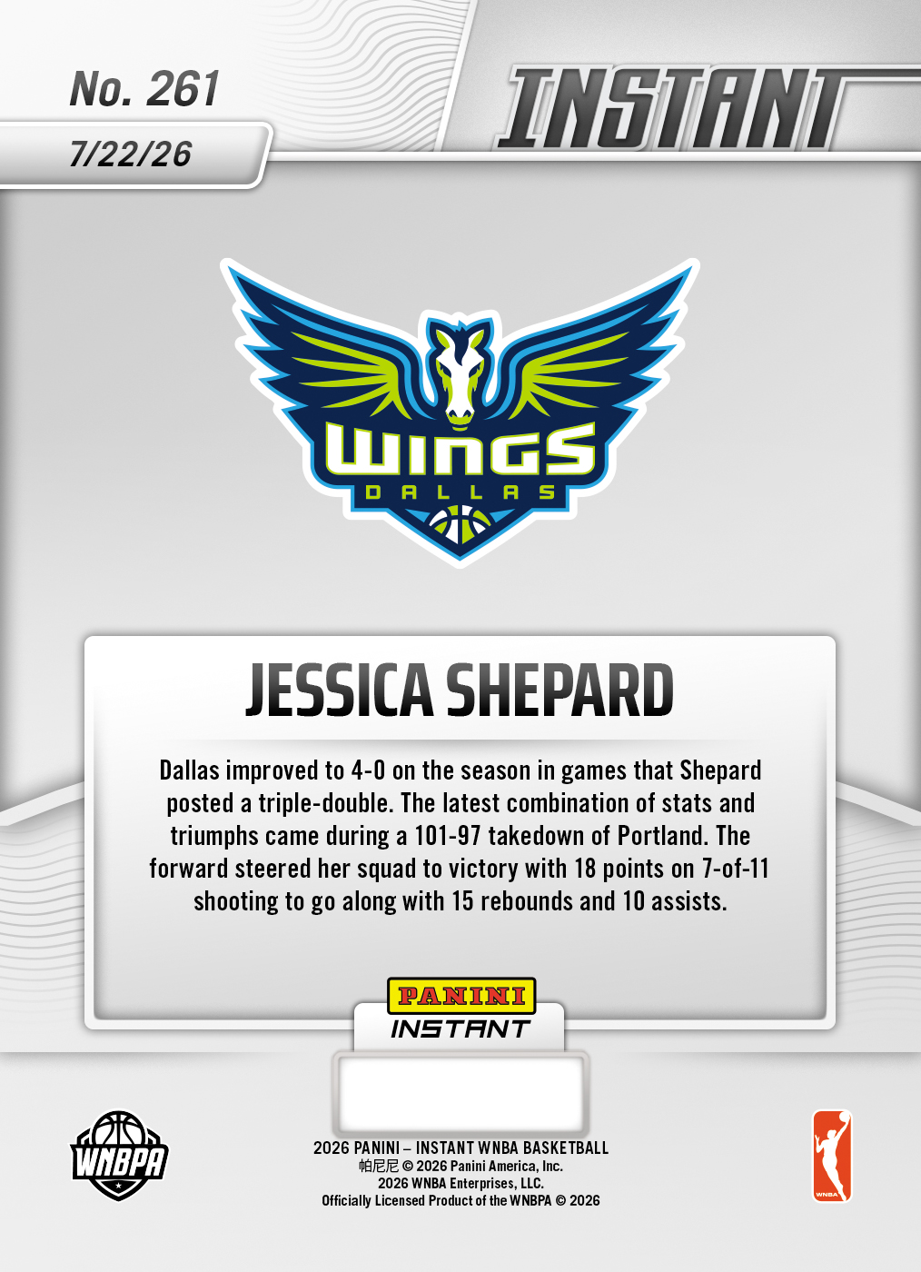 Product thumbnail image 2 of Jessica Shepard - 2026 Panini Instant WNBA #261 - Base Card