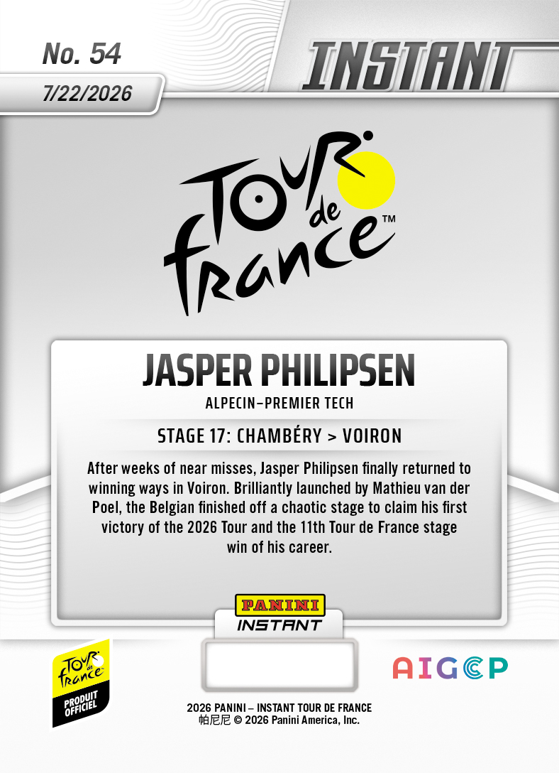 Product thumbnail image 2 of Jasper Philipsen - 2026 Panini Instant Tour de France #54 - Base Card 10-pack