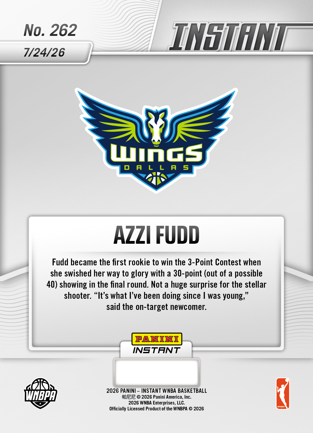 Product thumbnail image 2 of Azzi Fudd - 2026 Panini Instant WNBA #262 - Base Card