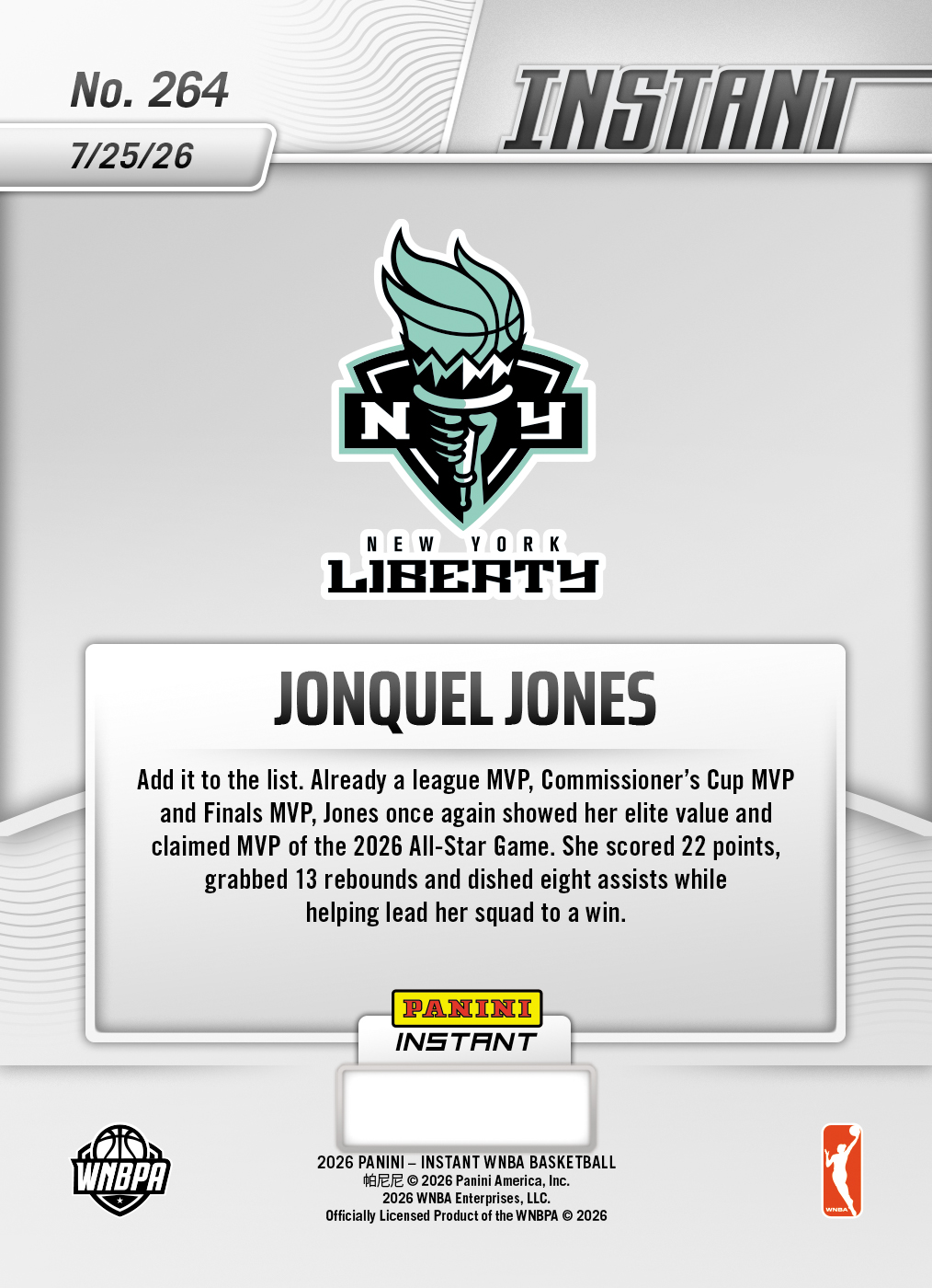 Product thumbnail image 2 of Jonquel Jones - 2026 Panini Instant WNBA #264 - Base Card 5-pack