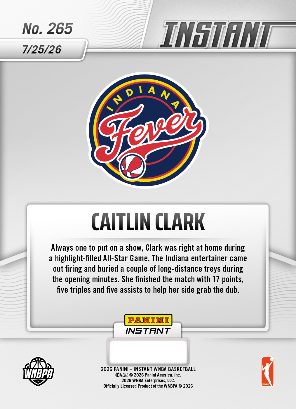 Product thumbnail image 2 of Caitlin Clark - 2026 Panini Instant WNBA #265 - Base Card 25-pack