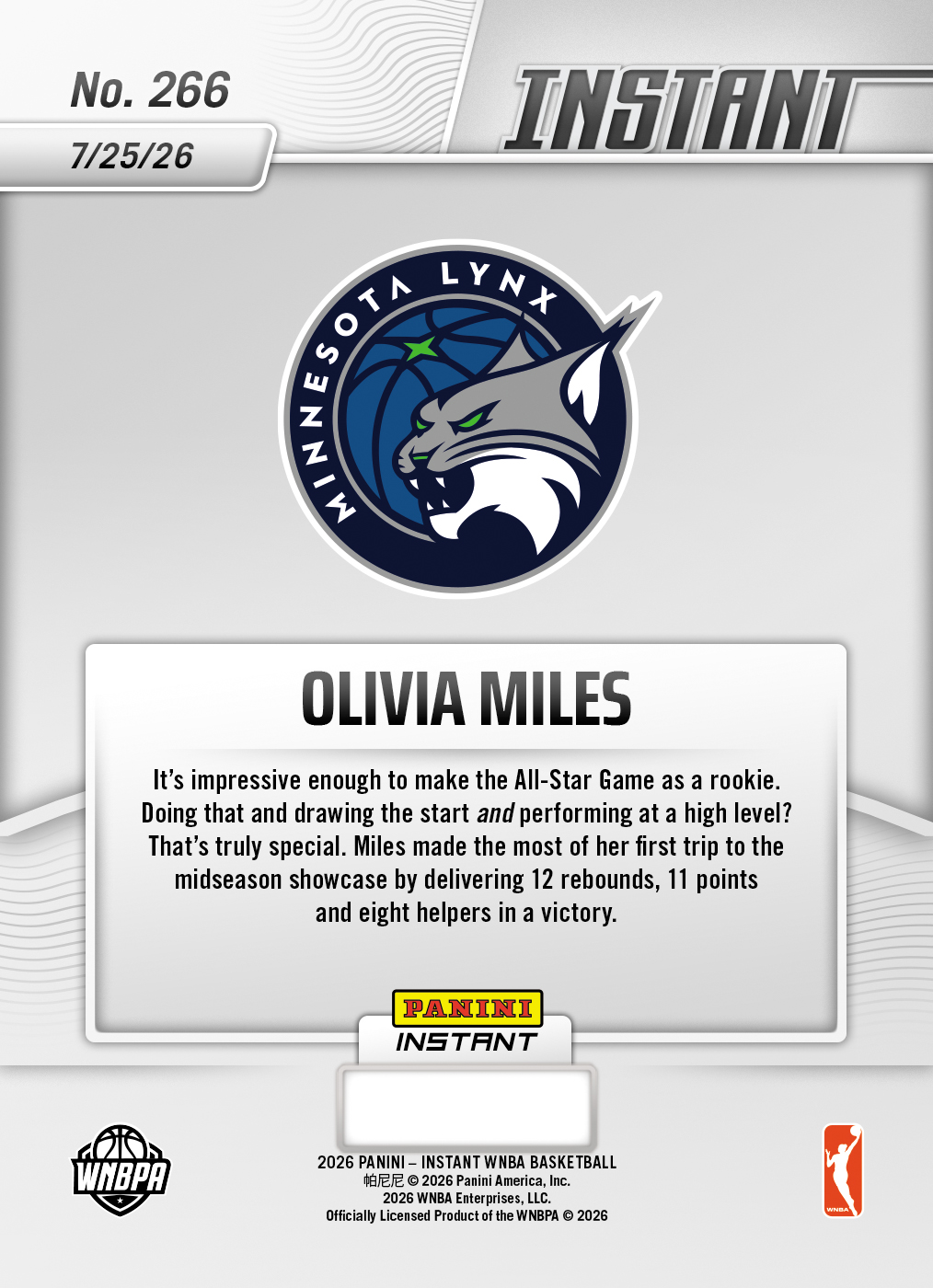 Product thumbnail image 2 of Olivia Miles - 2026 Panini Instant WNBA #266 - 30th Anniversary /30